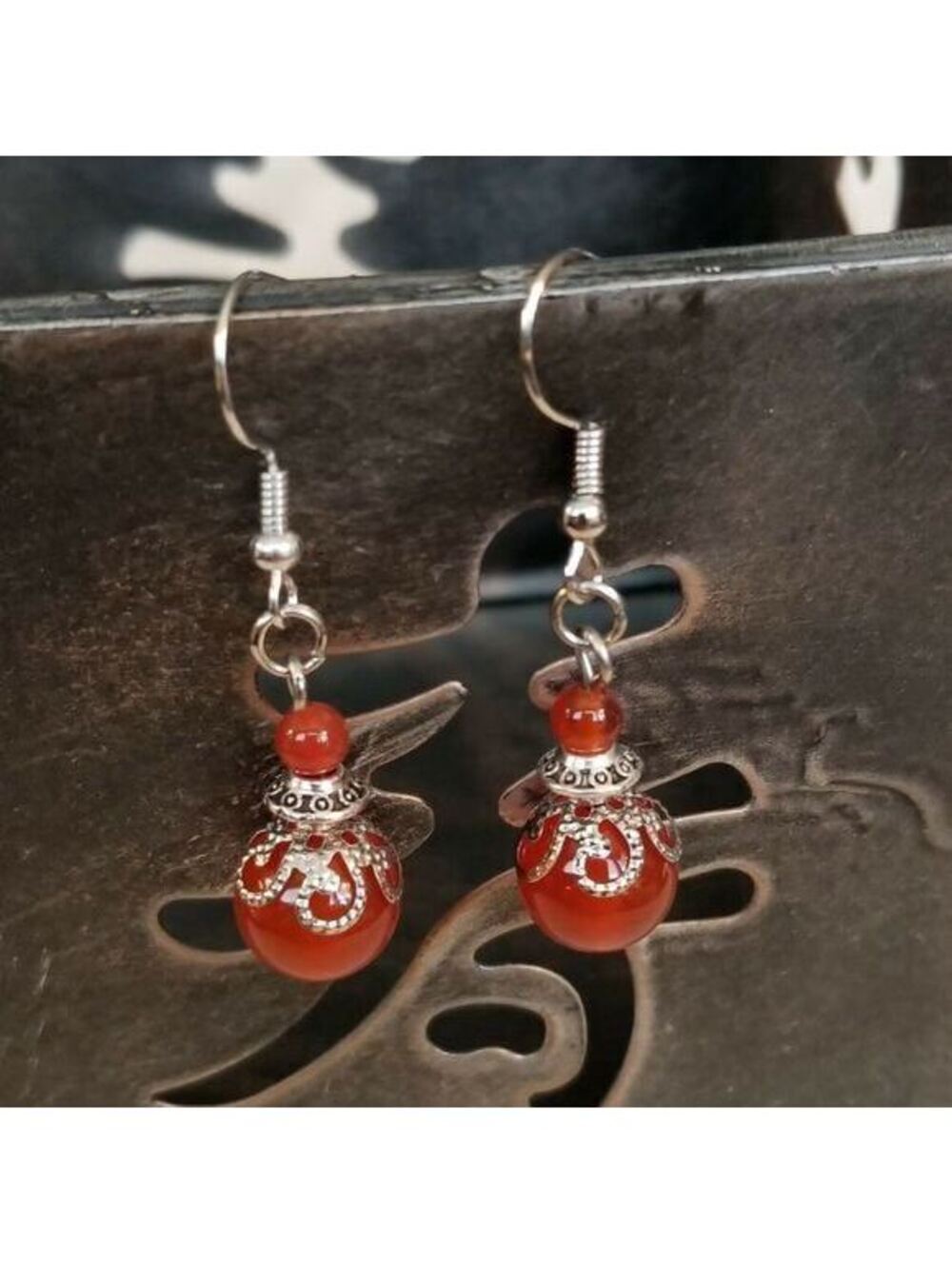 Hand Crafted Carnelian Victorian Lace Art Nouveau Gemstone Bead Drop Earrings